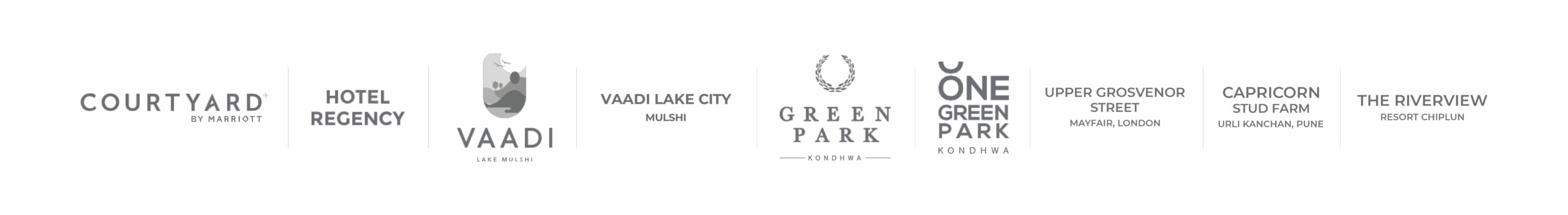 Capricorn Group legacy portfolio logos including Courtyard by Marriott, Hotel Regency, Vaadi, Vaadi Lake City, Green Park, One Green Park, Upper Grosvenor Street, Capricorn Stud Farm and The Riverview